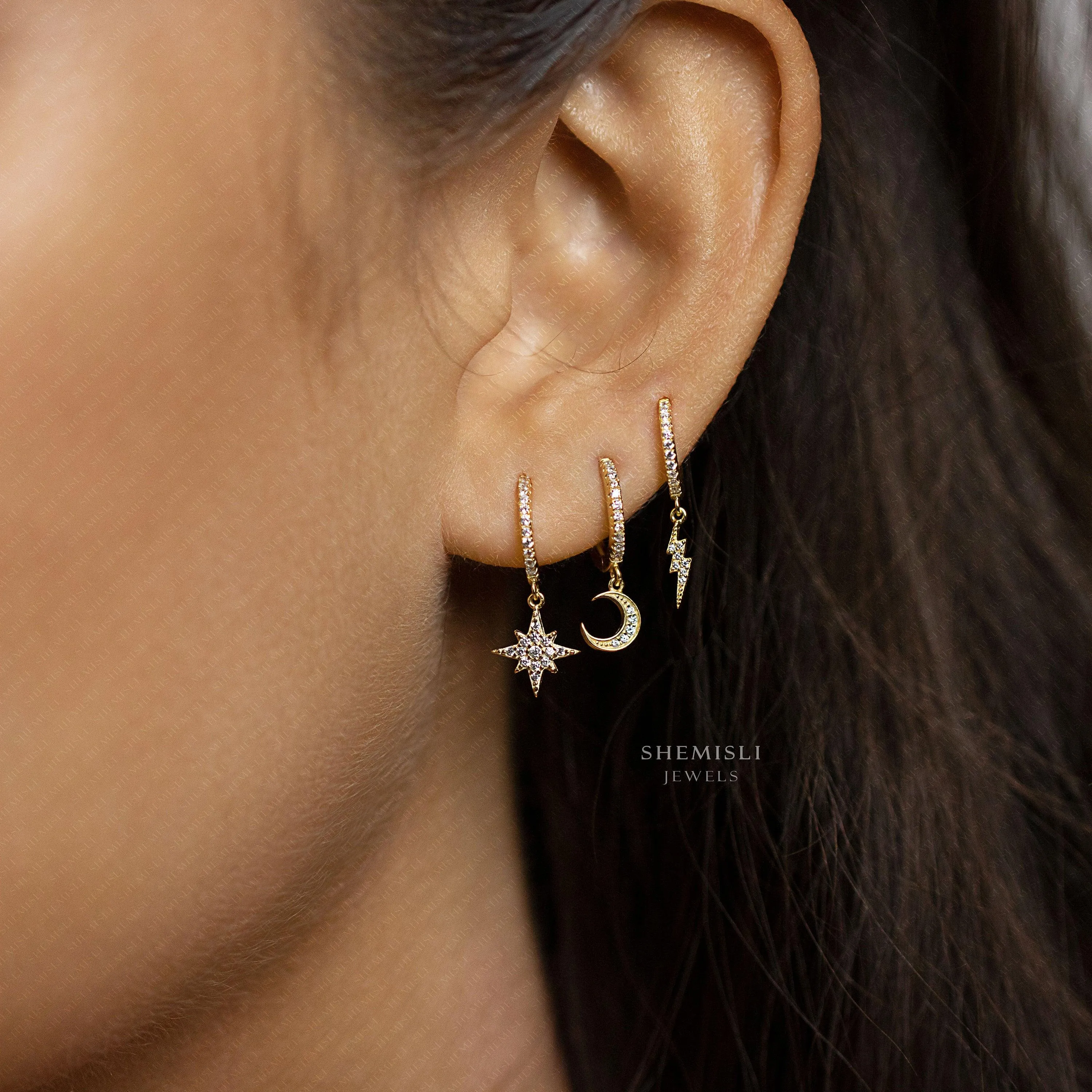 Mismatched Celestial Hoop Earrings, Star, Moon, Lightning, Sun Huggies, Gold, Silver SHEMISLI - SH113, SH114, SH117, SH620