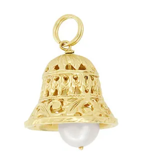 Movable Filigree Bell Charm with Pearl in 14 Karat Gold