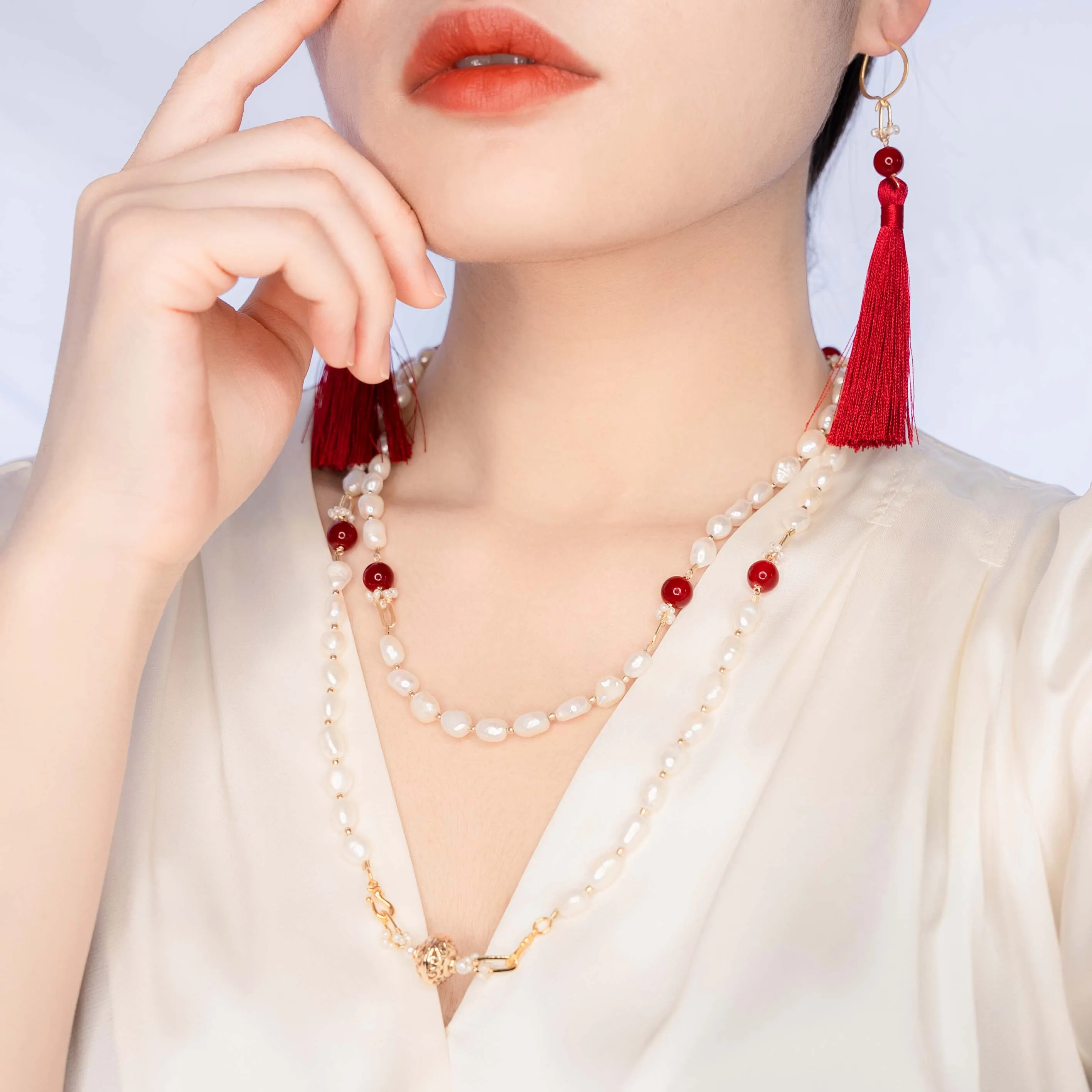 Multi-style Baroque Pearl Lariat Necklace Red Tassel Set