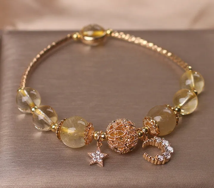 Natural Citrine Gold Gem Quartz Bracelet Luxury Star Moon Crystal Accessories