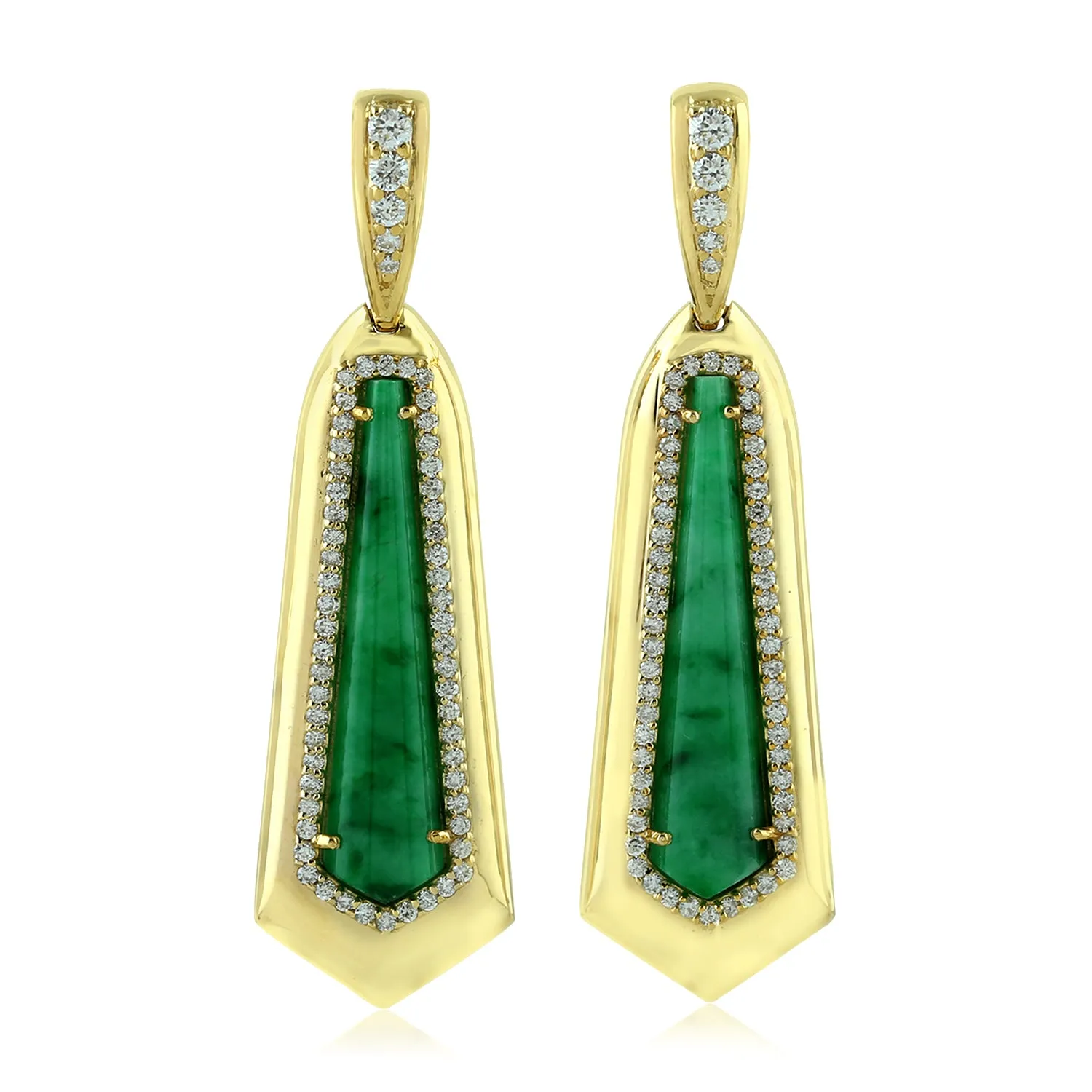 Natural Green Jade Gemstone Real Diamond Dangle Earrings 18K Yellow Gold Jewelry