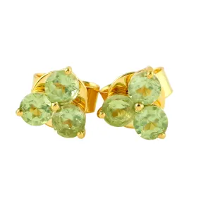 Natural Peridot Three Stone 10k Yellow Gold Stud Earrings