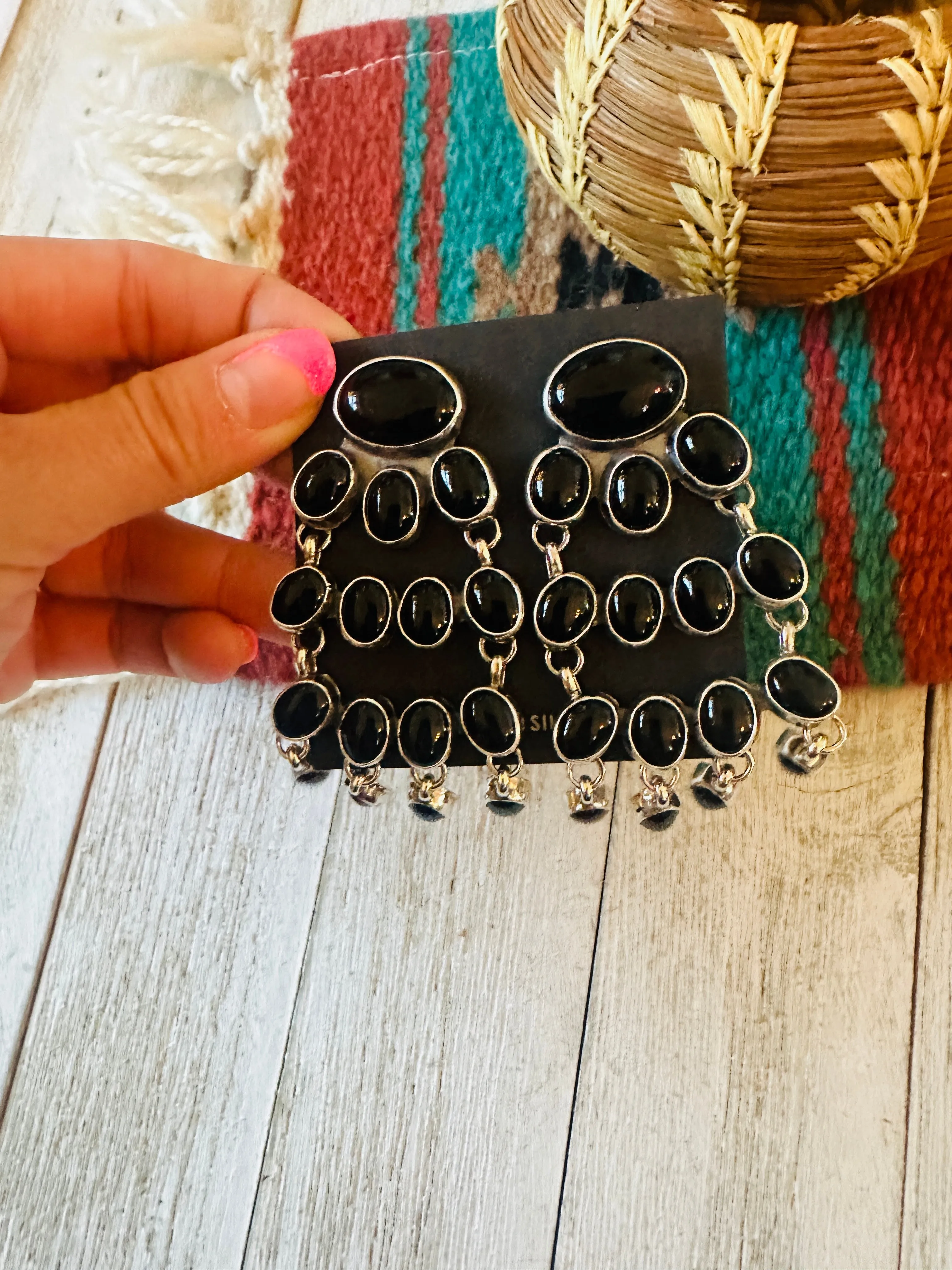 Navajo Sterling Silver & Black Onyx Chandelier Dangle Earrings