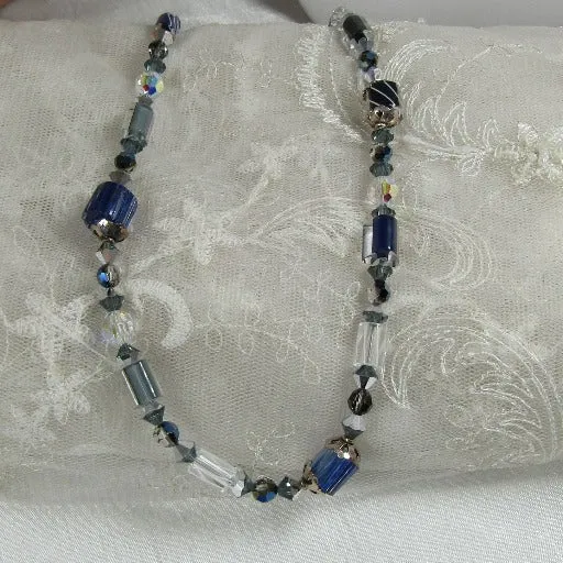 Navy Blue & White Handcrafted Artisan Bead Necklace