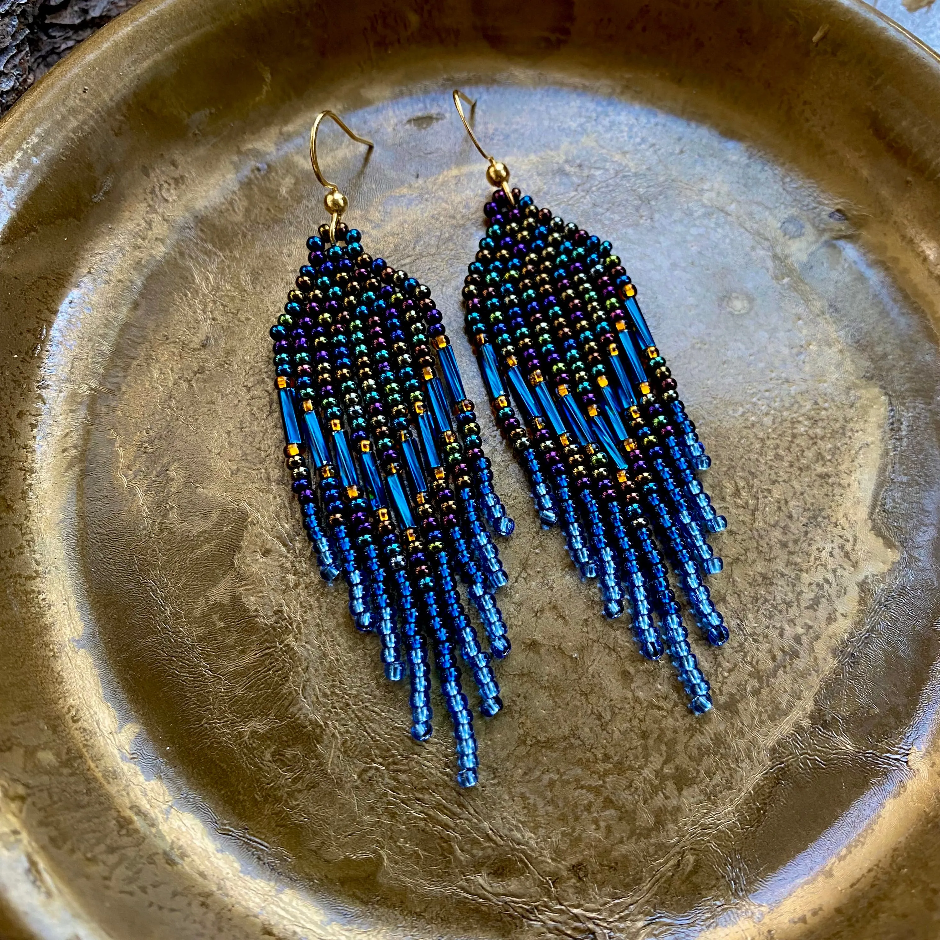 Navy Blue seed bead earrings, Fringe Chandelier earrings, Statement earrings, Bohemian earrings, Boho hippie earrings