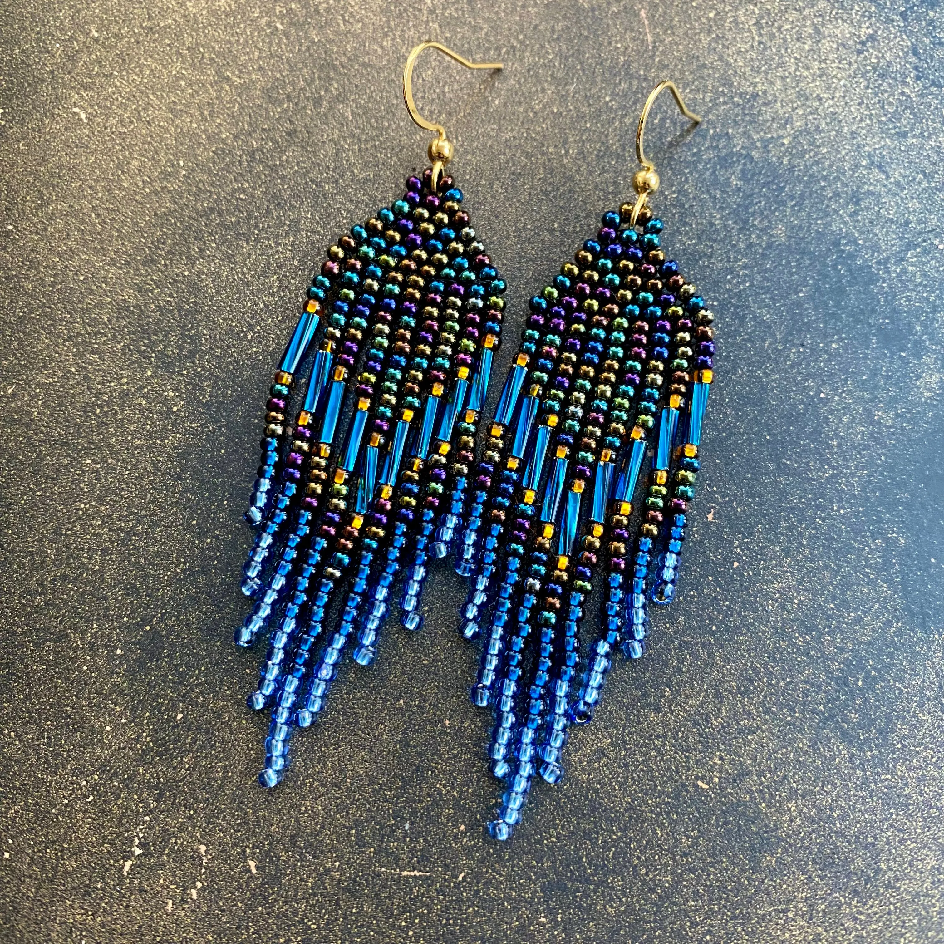 Navy Blue seed bead earrings, Fringe Chandelier earrings, Statement earrings, Bohemian earrings, Boho hippie earrings