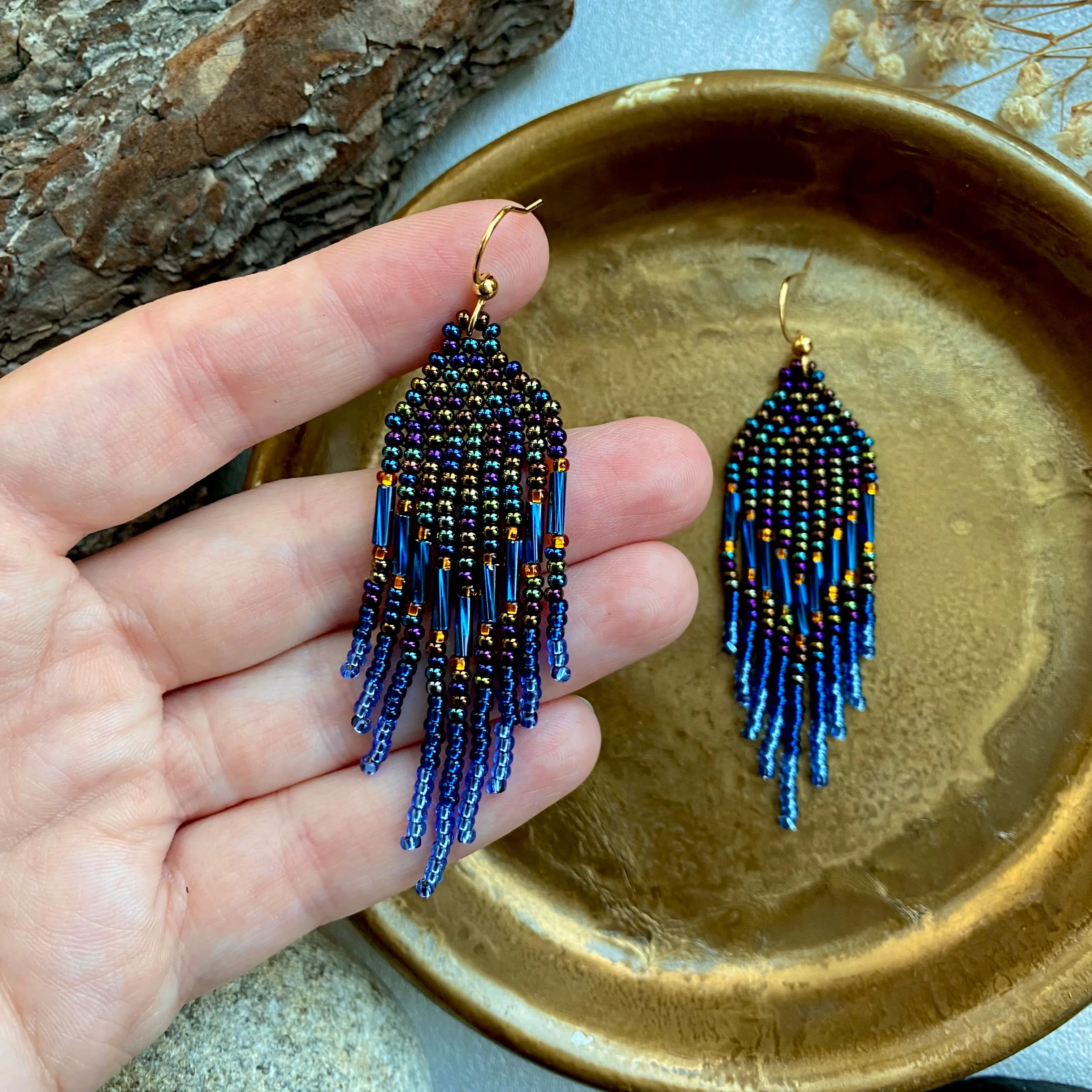 Navy Blue seed bead earrings, Fringe Chandelier earrings, Statement earrings, Bohemian earrings, Boho hippie earrings