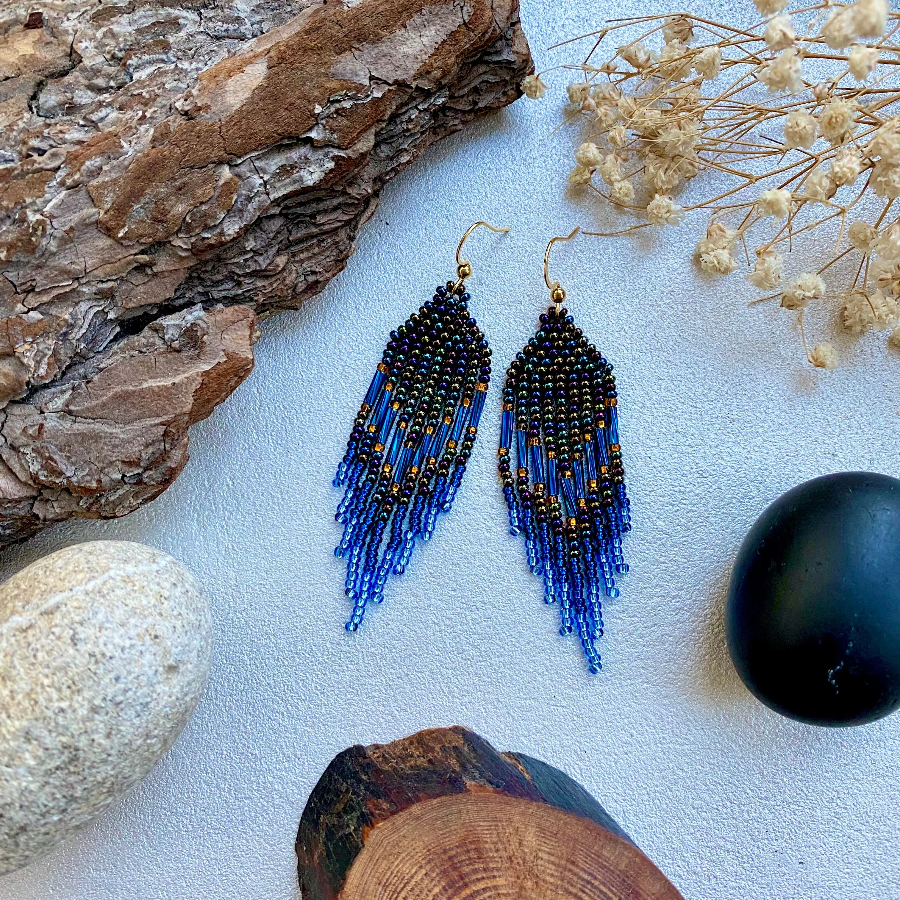 Navy Blue seed bead earrings, Fringe Chandelier earrings, Statement earrings, Bohemian earrings, Boho hippie earrings