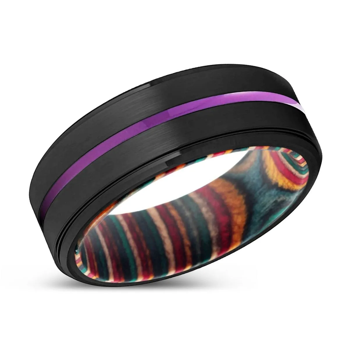 NOWRA | Multi Color Wood, Black Tungsten Ring, Purple Groove, Stepped Edge