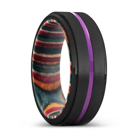 NOWRA | Multi Color Wood, Black Tungsten Ring, Purple Groove, Stepped Edge