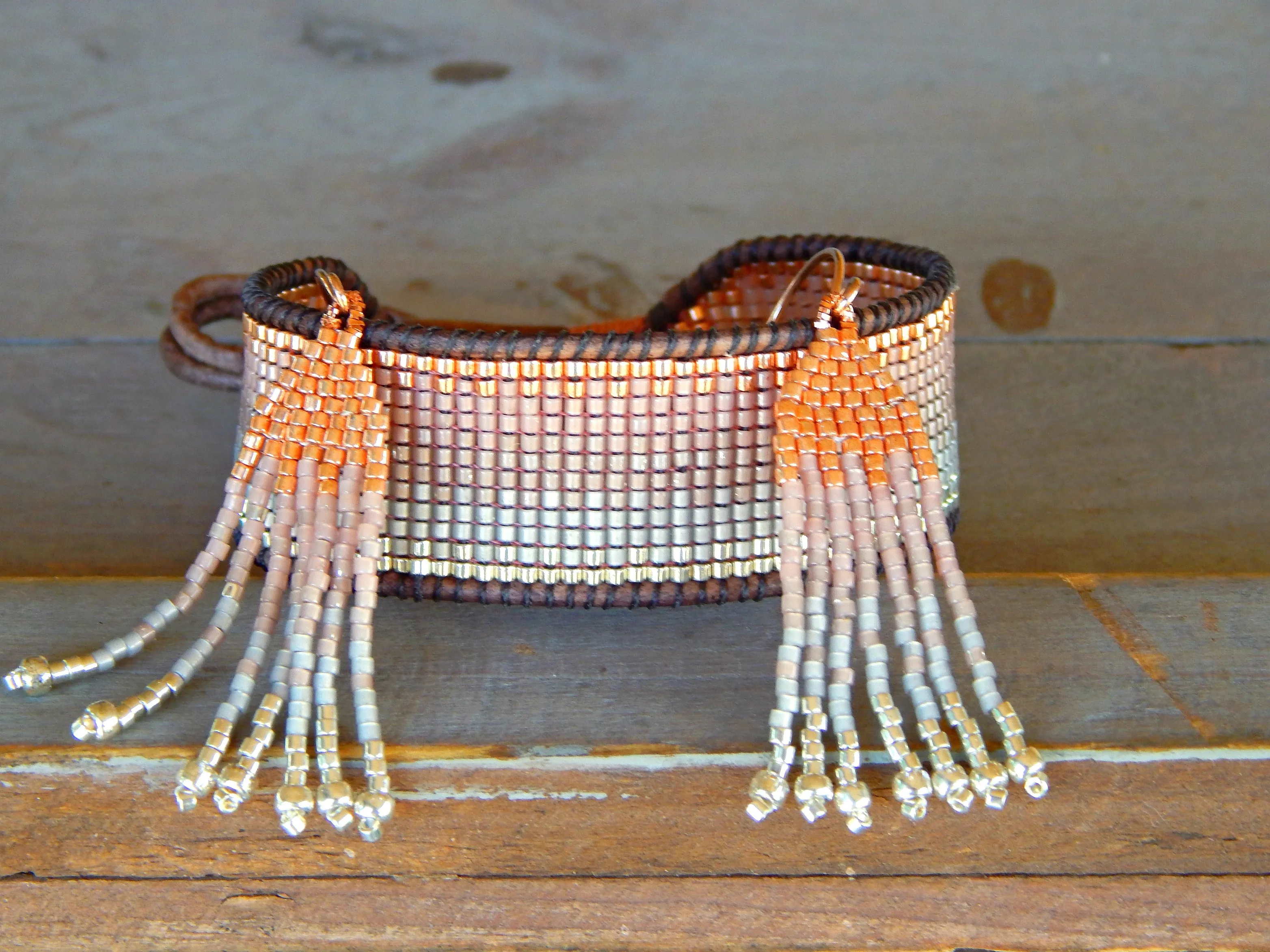 Ombre Copper to Silver tone Hand Beaded Cuff Bracelet