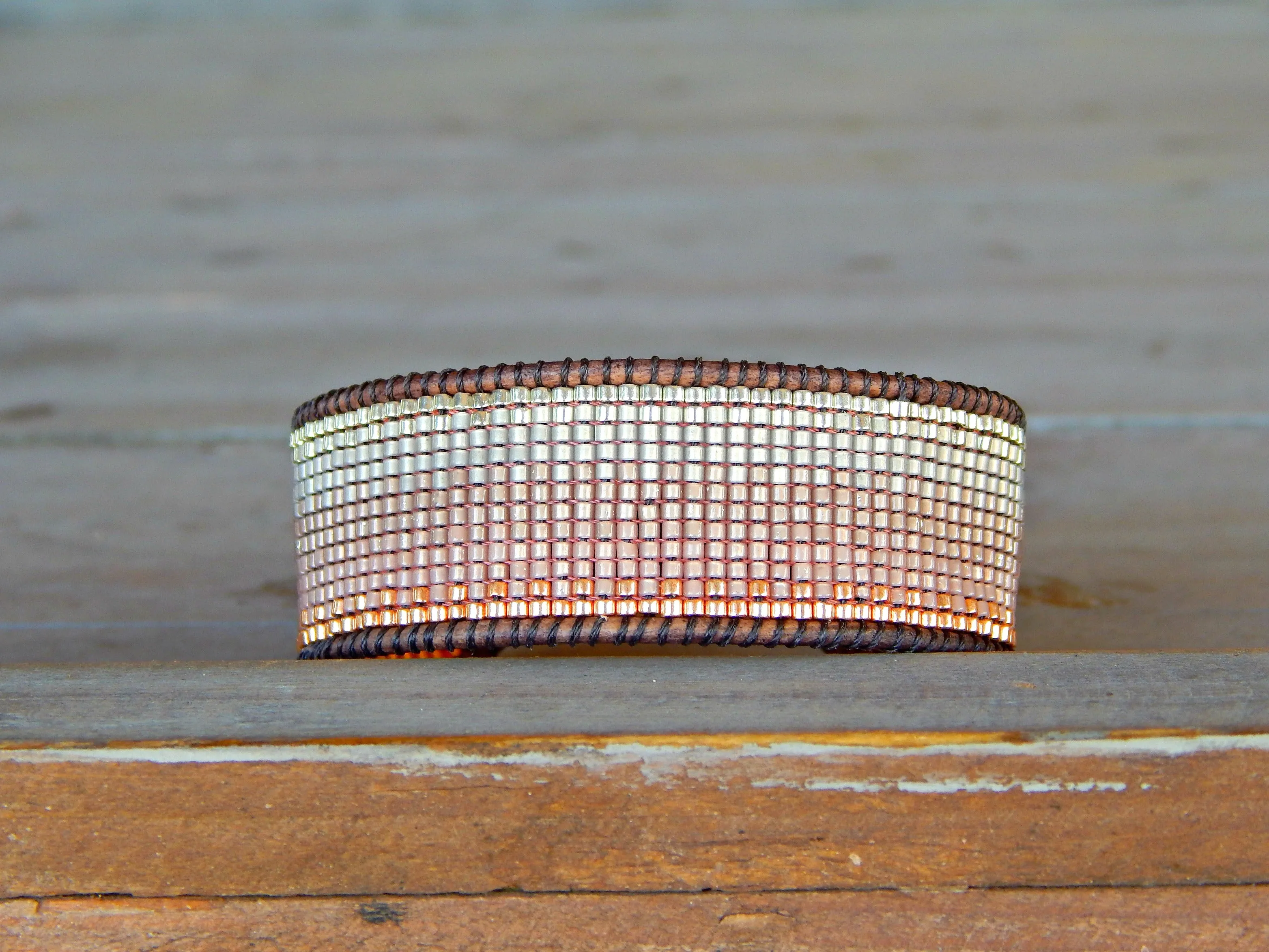 Ombre Copper to Silver tone Hand Beaded Cuff Bracelet