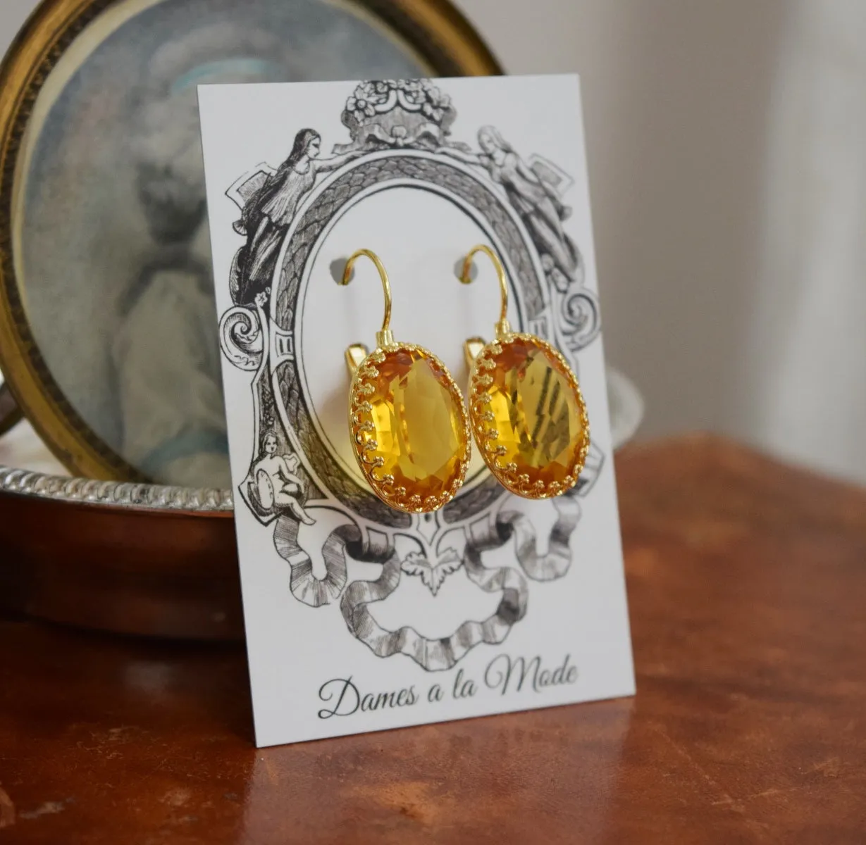 Orange Topaz Swarovski Crown Set Crystal Earrings - Large Oval