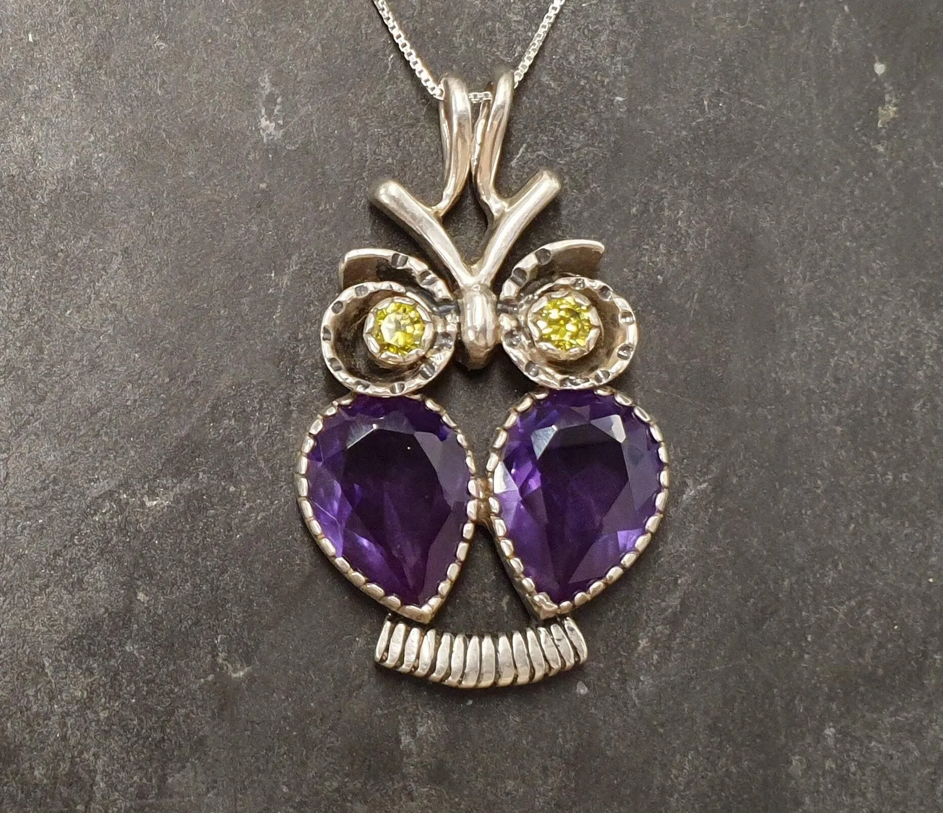 Owl Pendant - Real Amethyst Necklace - Natural Peridot Necklace