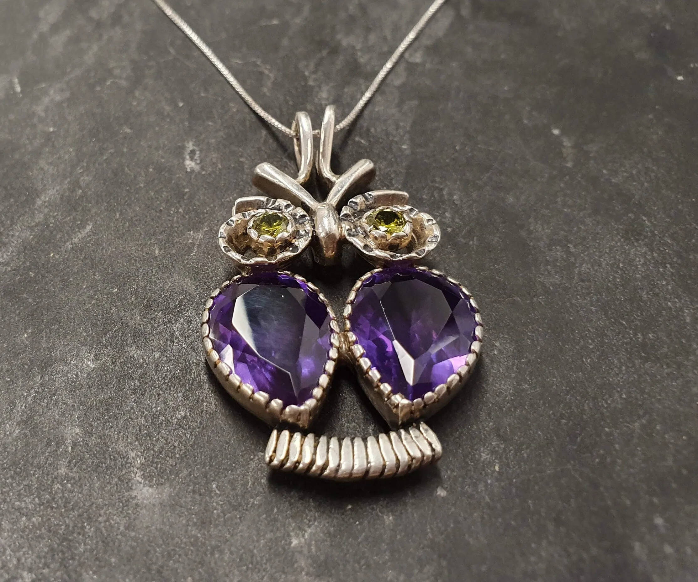 Owl Pendant - Real Amethyst Necklace - Natural Peridot Necklace