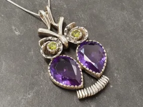 Owl Pendant - Real Amethyst Necklace - Natural Peridot Necklace