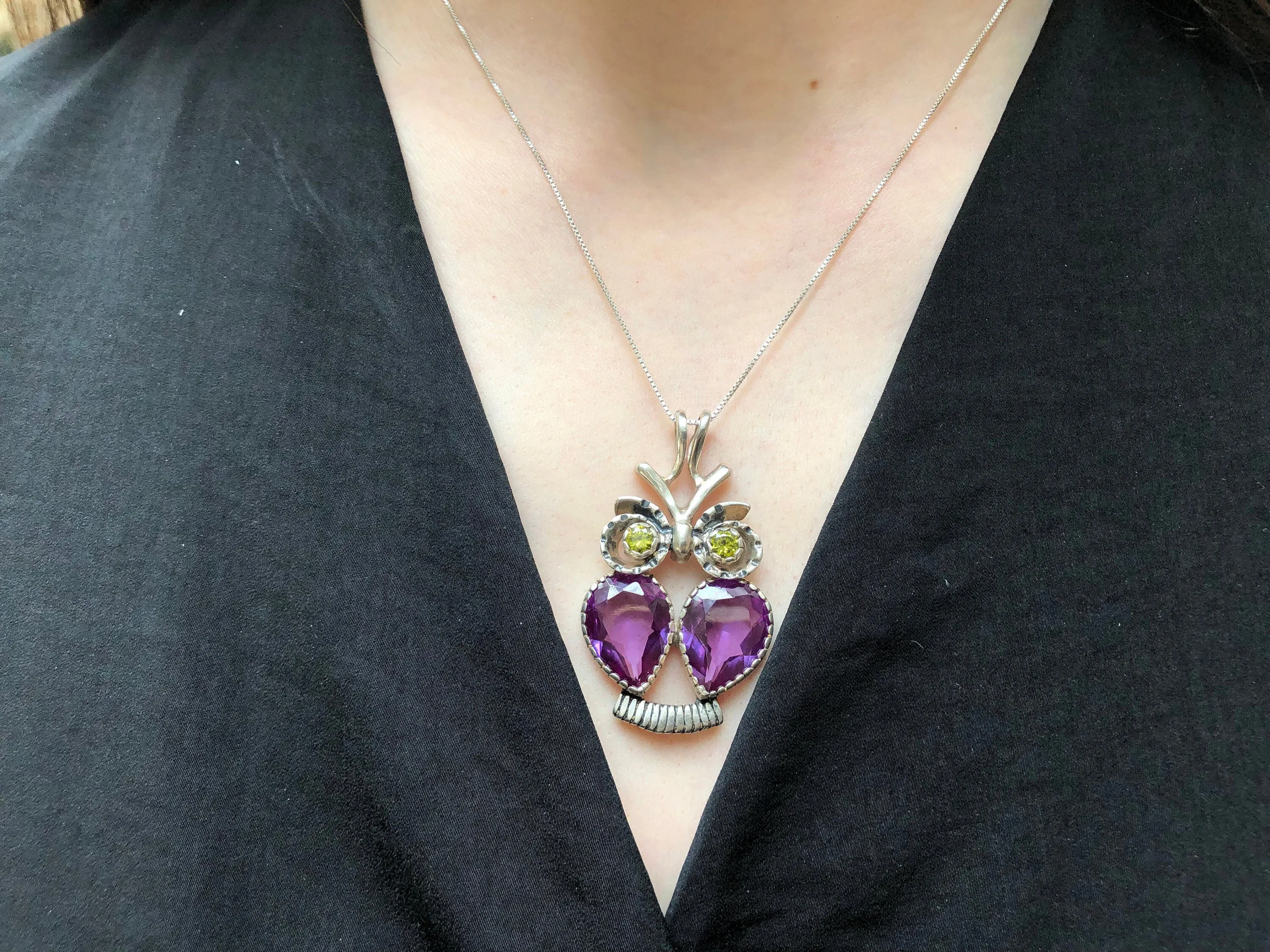 Owl Pendant - Real Amethyst Necklace - Natural Peridot Necklace