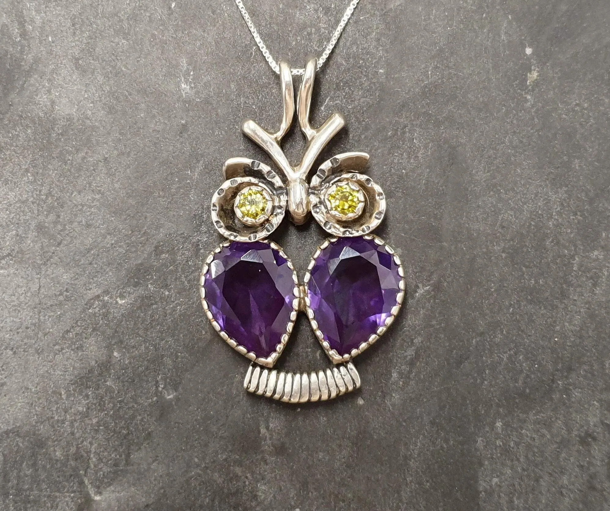 Owl Pendant - Real Amethyst Necklace - Natural Peridot Necklace