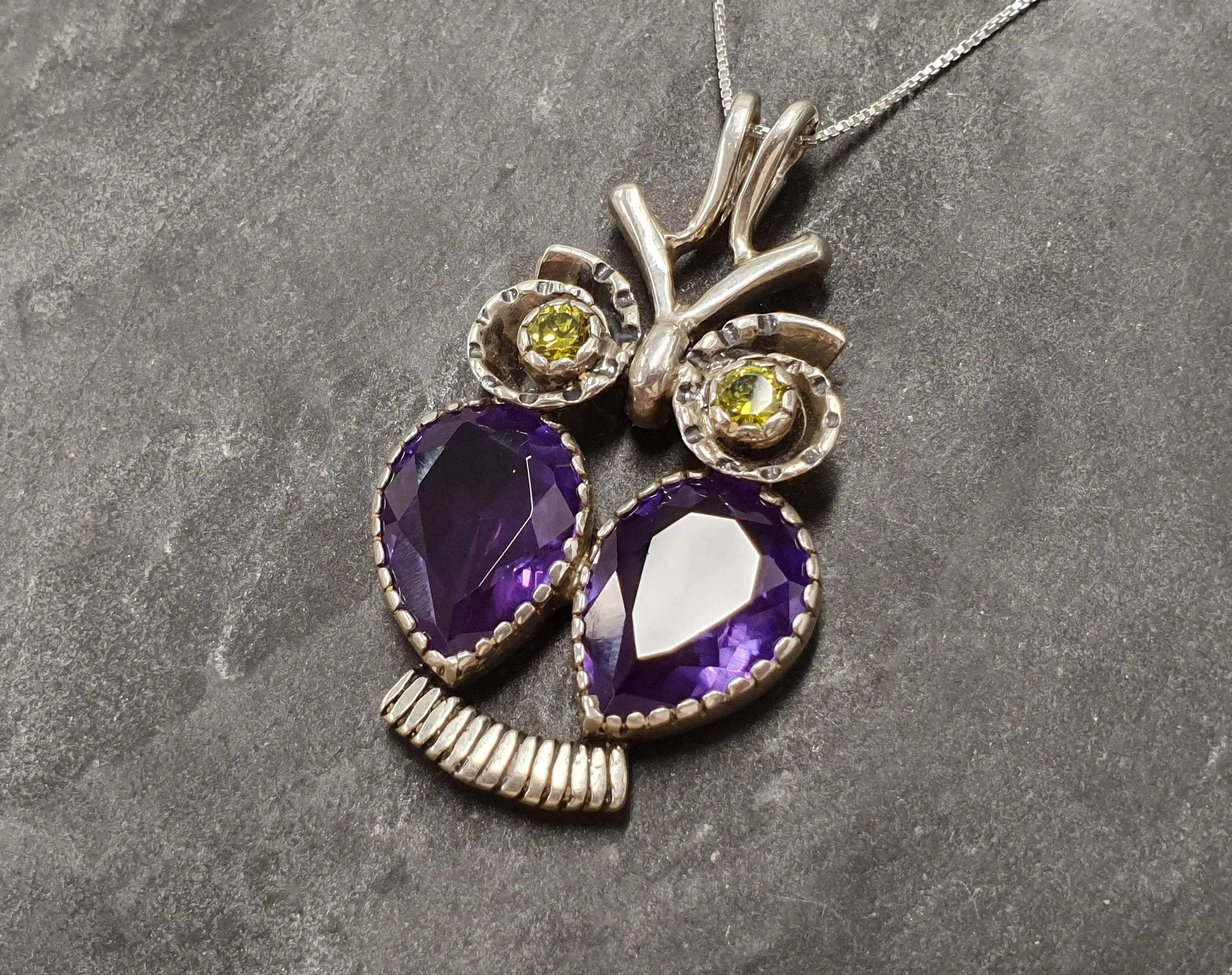 Owl Pendant - Real Amethyst Necklace - Natural Peridot Necklace