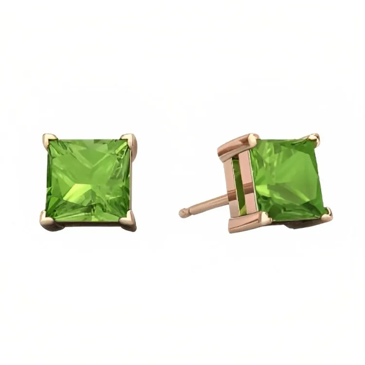 Paris Jewelry 18k Rose Gold 2 Pair Created Peridot 4mm Round & Princess Cut Stud Earrings Plated