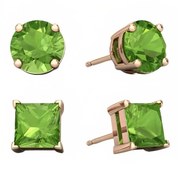 Paris Jewelry 18k Rose Gold 2 Pair Created Peridot 4mm Round & Princess Cut Stud Earrings Plated