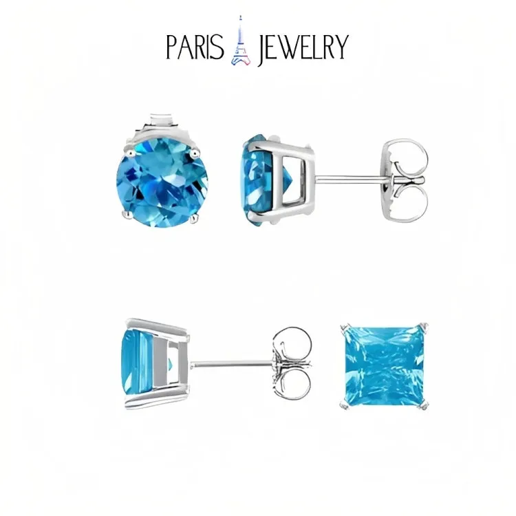 Paris Jewelry 18k White Gold 2 Pair Created Blue Topaz 4mm Round & Princess Cut Stud Earrings Plated