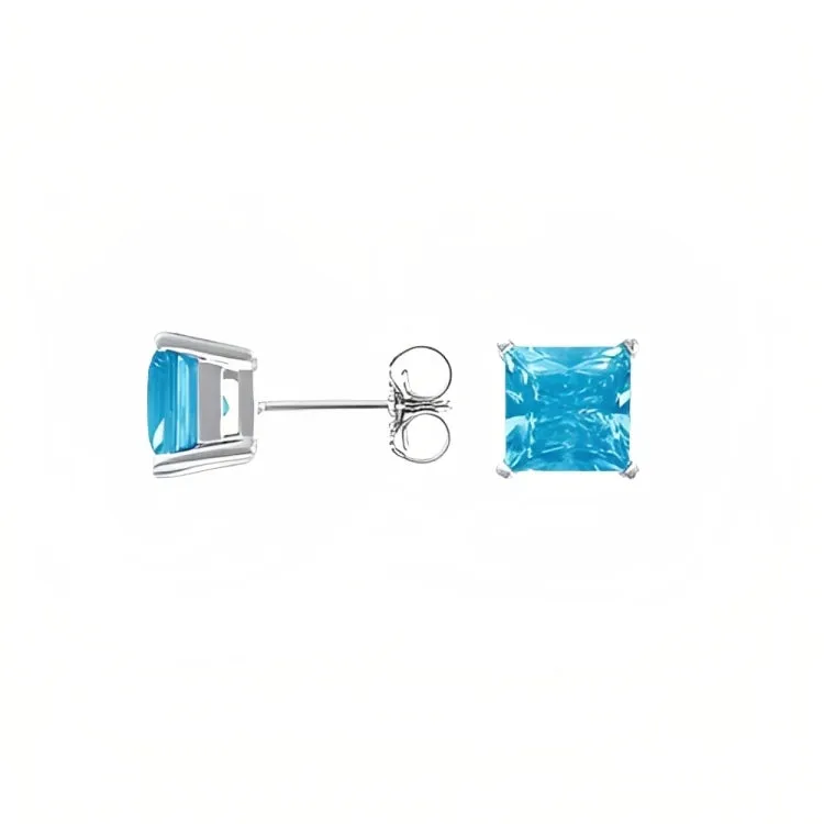 Paris Jewelry 18k White Gold 2 Pair Created Blue Topaz 4mm Round & Princess Cut Stud Earrings Plated