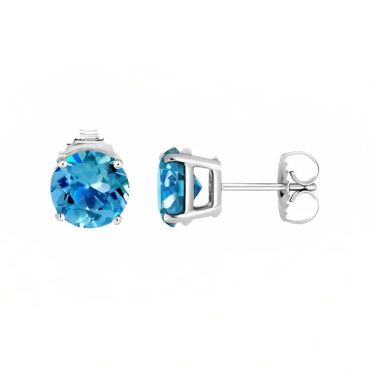 Paris Jewelry 18k White Gold 2 Pair Created Blue Topaz 4mm Round & Princess Cut Stud Earrings Plated