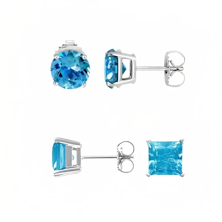 Paris Jewelry 18k White Gold 2 Pair Created Blue Topaz 4mm Round & Princess Cut Stud Earrings Plated