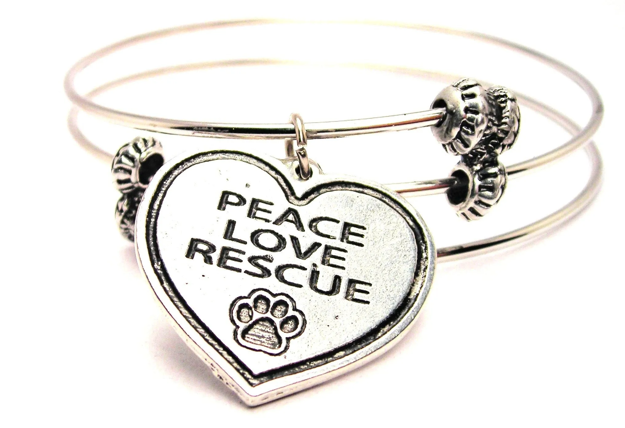 Peace Love Rescue Heart Triple Style Expandable Bangle Bracelet