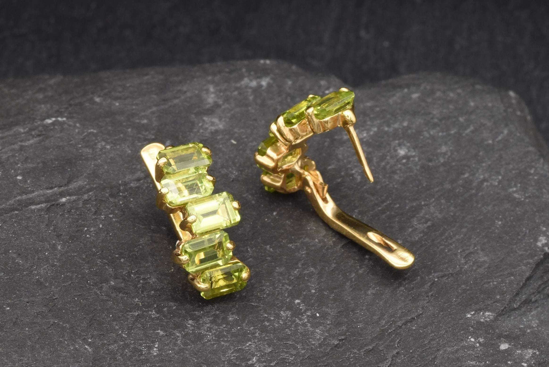 Peridot Baguette Gold Earrings, Peridot Long Earrings, Natural Peridot Earrings