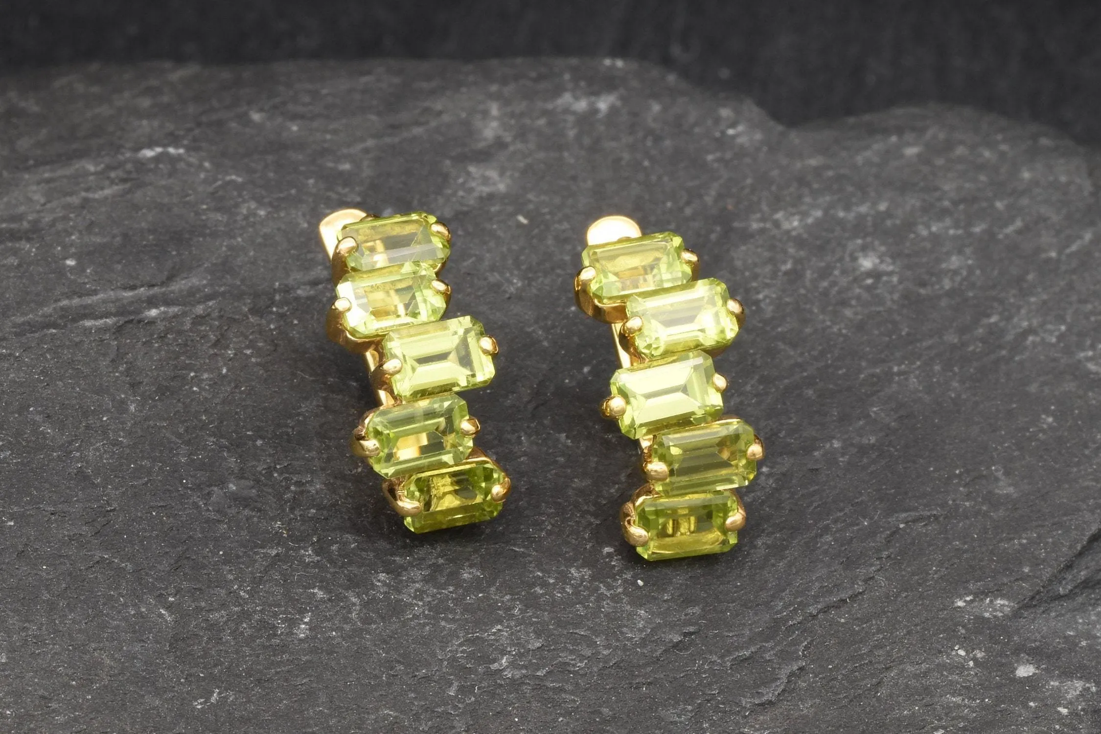 Peridot Baguette Gold Earrings, Peridot Long Earrings, Natural Peridot Earrings