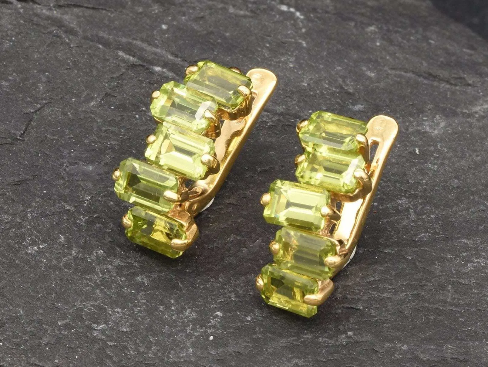 Peridot Baguette Gold Earrings, Peridot Long Earrings, Natural Peridot Earrings