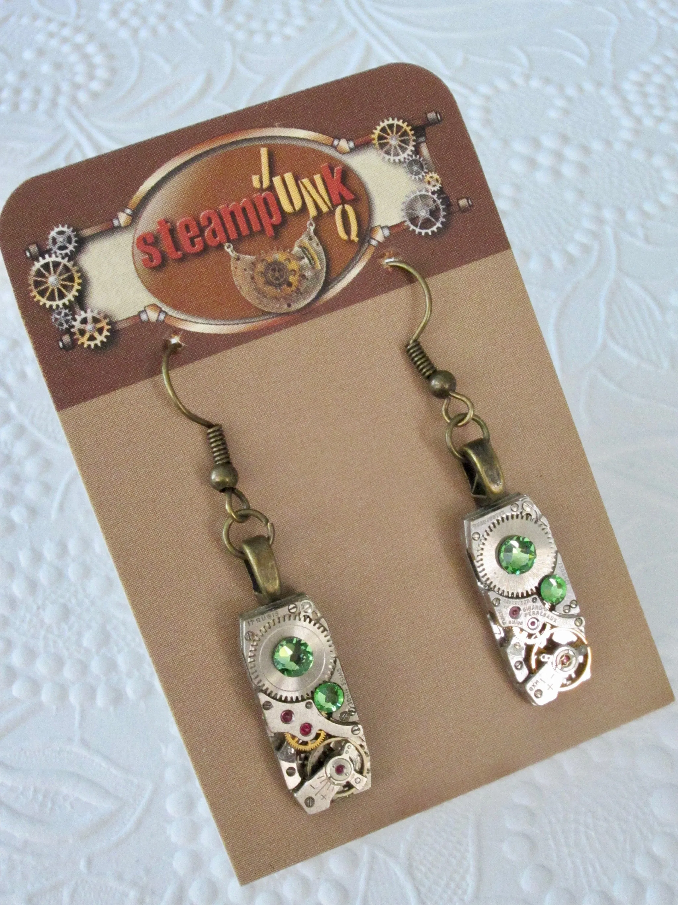 Peridot Steampunk Earrings - Watch movement jewelry - Peridot August Birthstone - Recycled - unique - one of a kind - drop dangle earrings