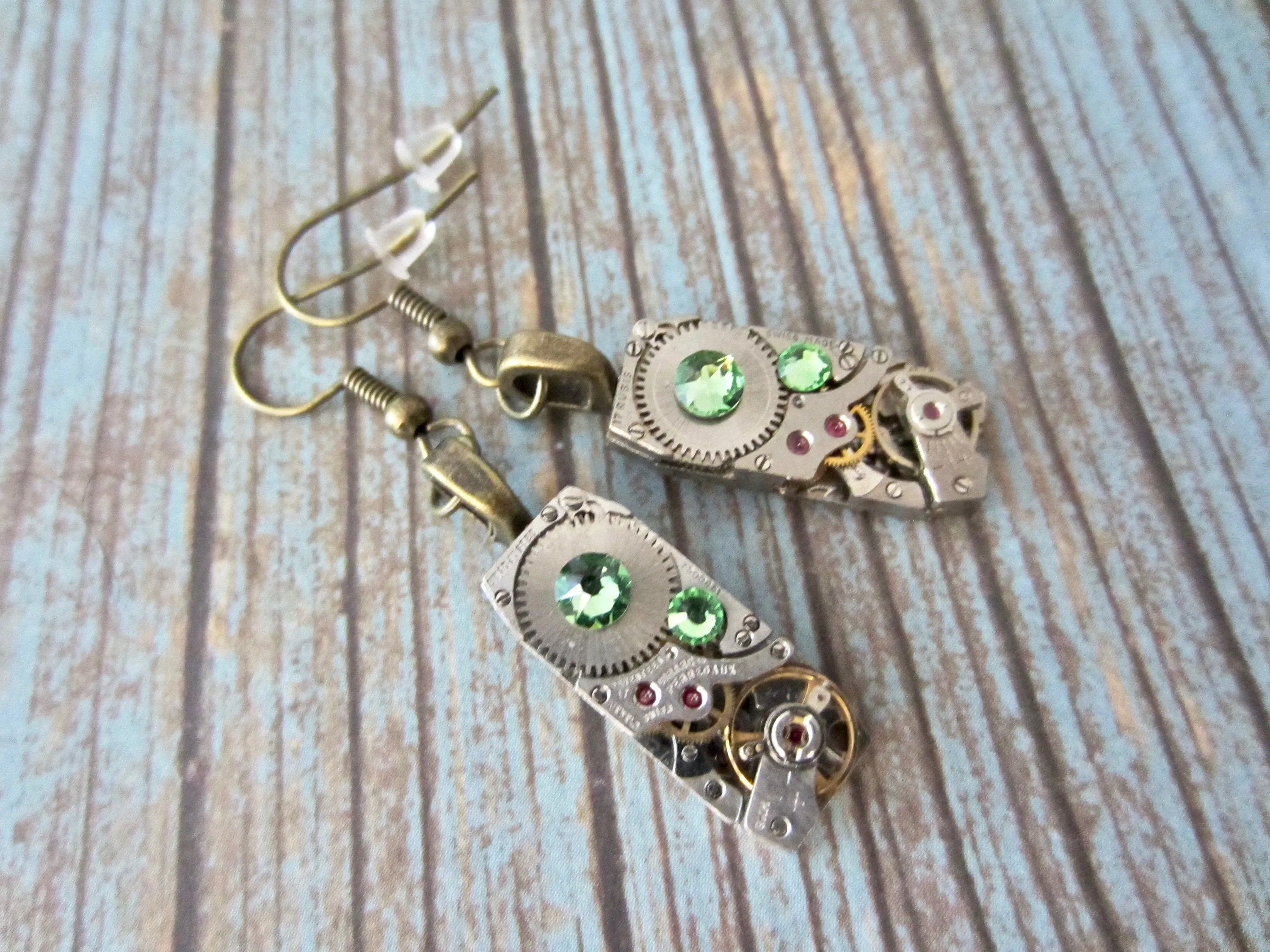 Peridot Steampunk Earrings - Watch movement jewelry - Peridot August Birthstone - Recycled - unique - one of a kind - drop dangle earrings