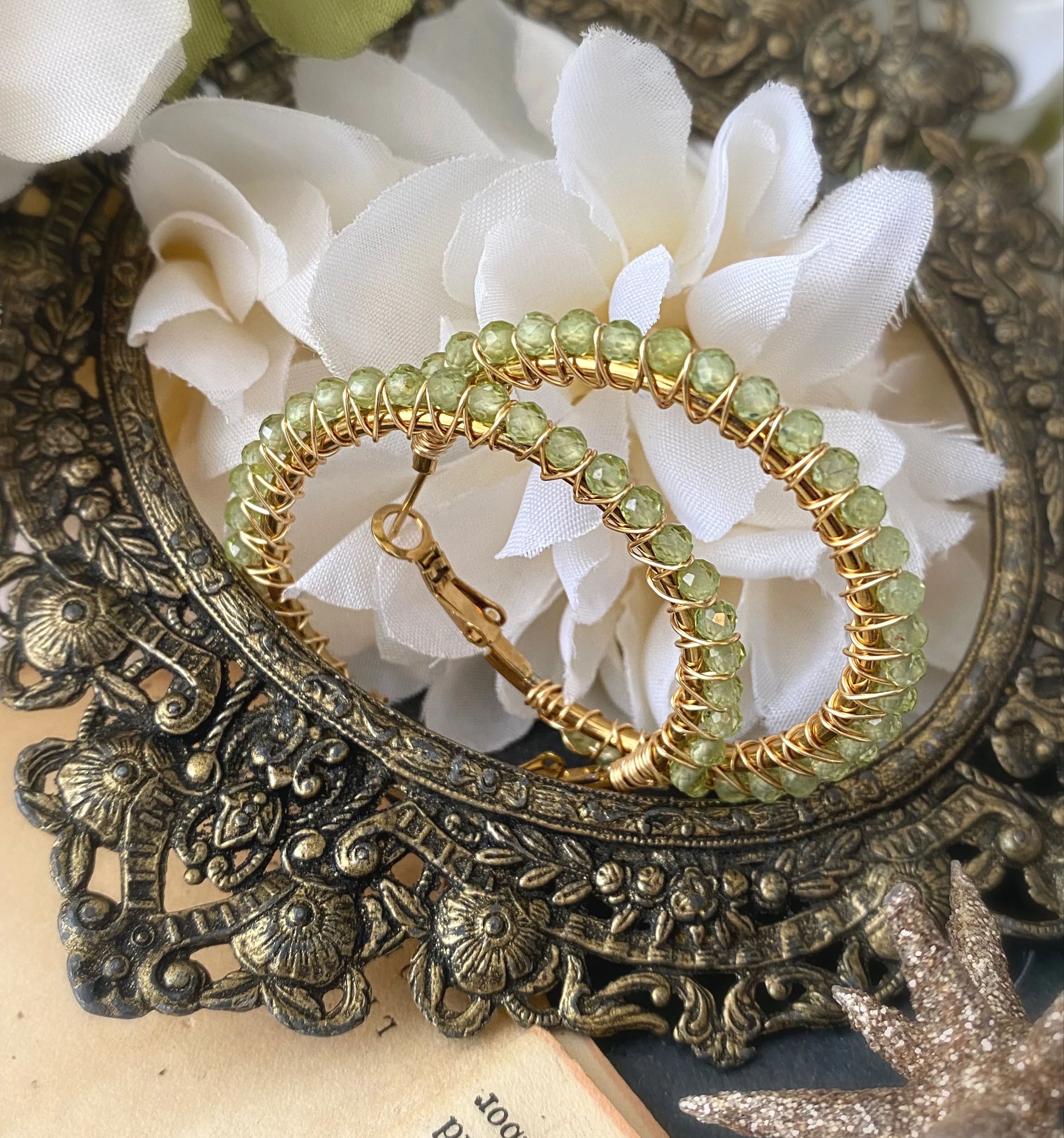 Peridot stone, wire wrapped gold hoop earrings, jewelry