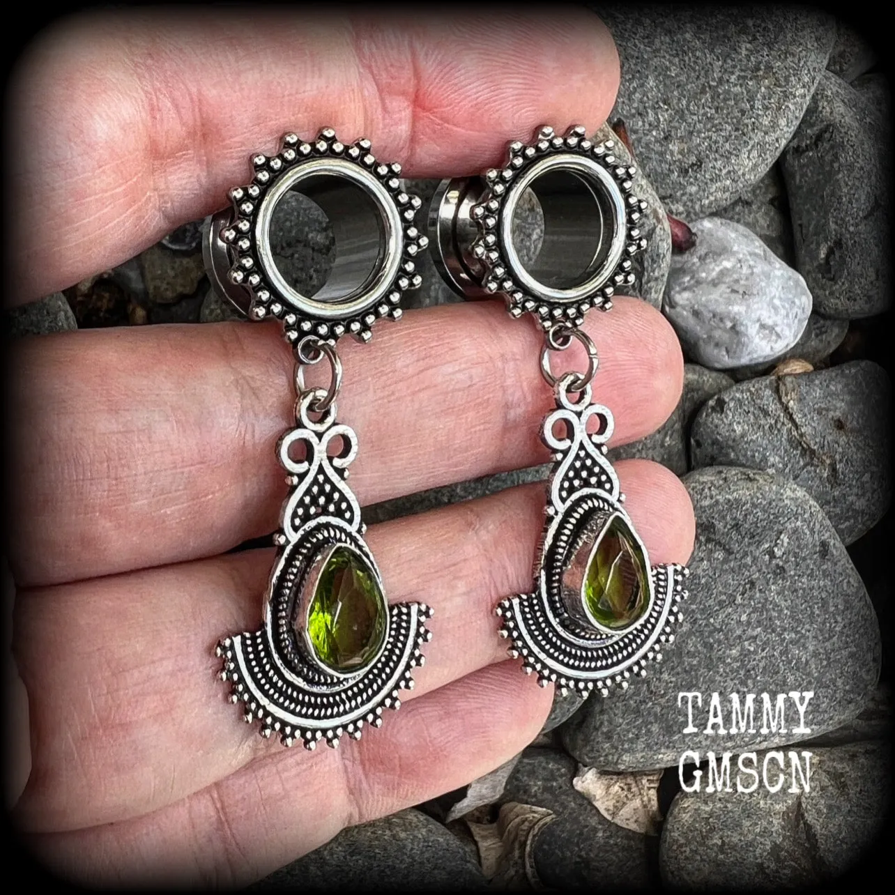 Peridot tunnel dangles-Gemstone tunnel earrings