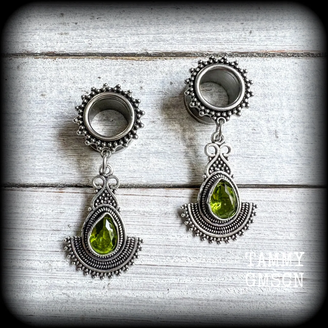 Peridot tunnel dangles-Gemstone tunnel earrings