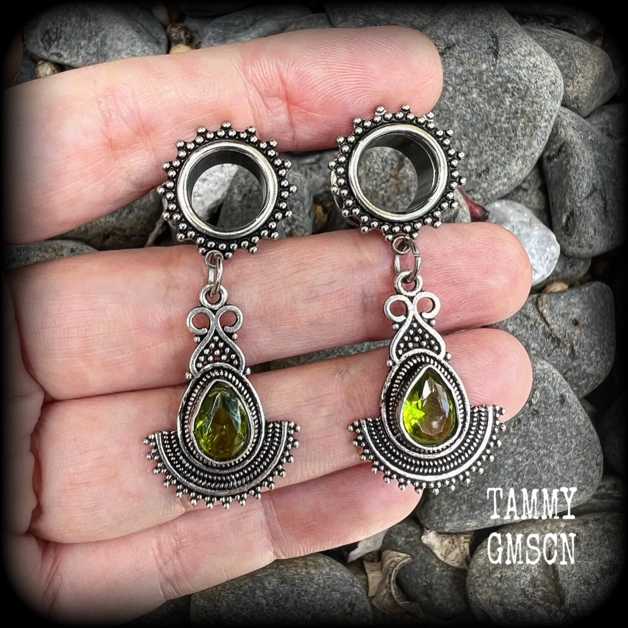 Peridot tunnel dangles-Gemstone tunnel earrings