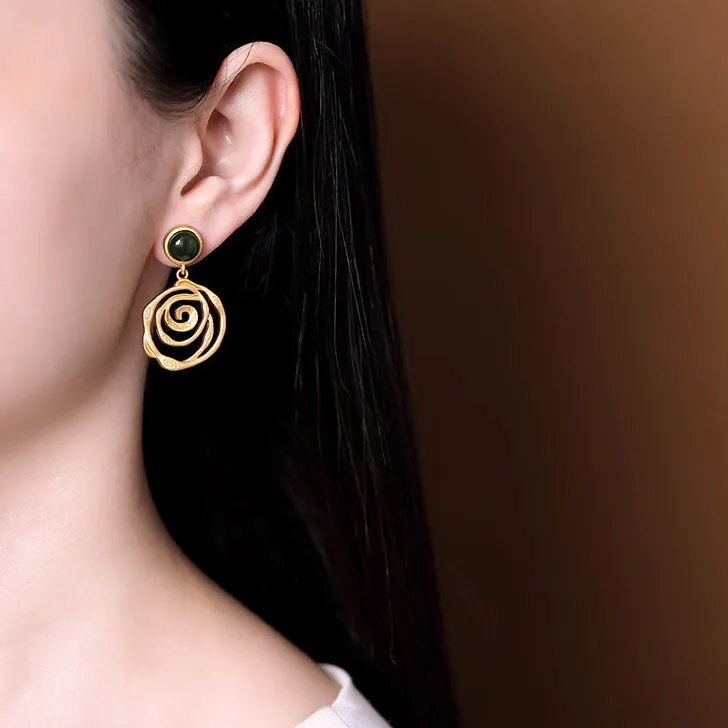 Petite Natural Hetian Inlaid Green Jade Spiral Earrings