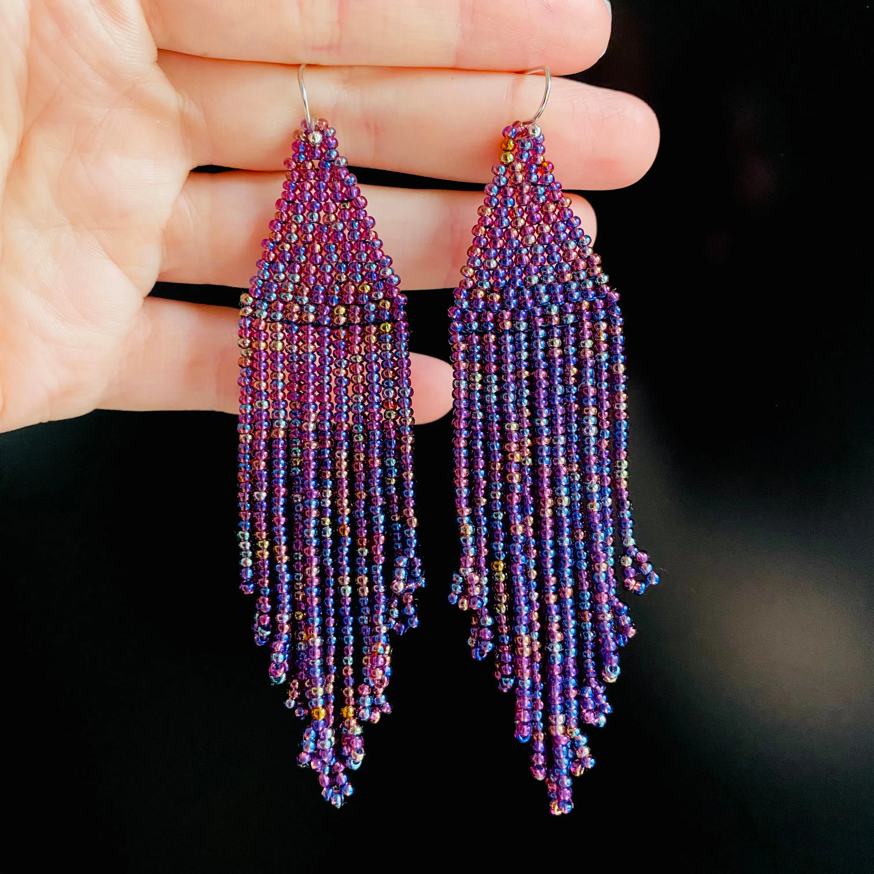 Purple Seed Bead Chandelier Earrings, Rainbow Tint Fringe Earrings, Long Dangle Bohemian Earrings, Statement Earrings, Boho Hippie Earrings