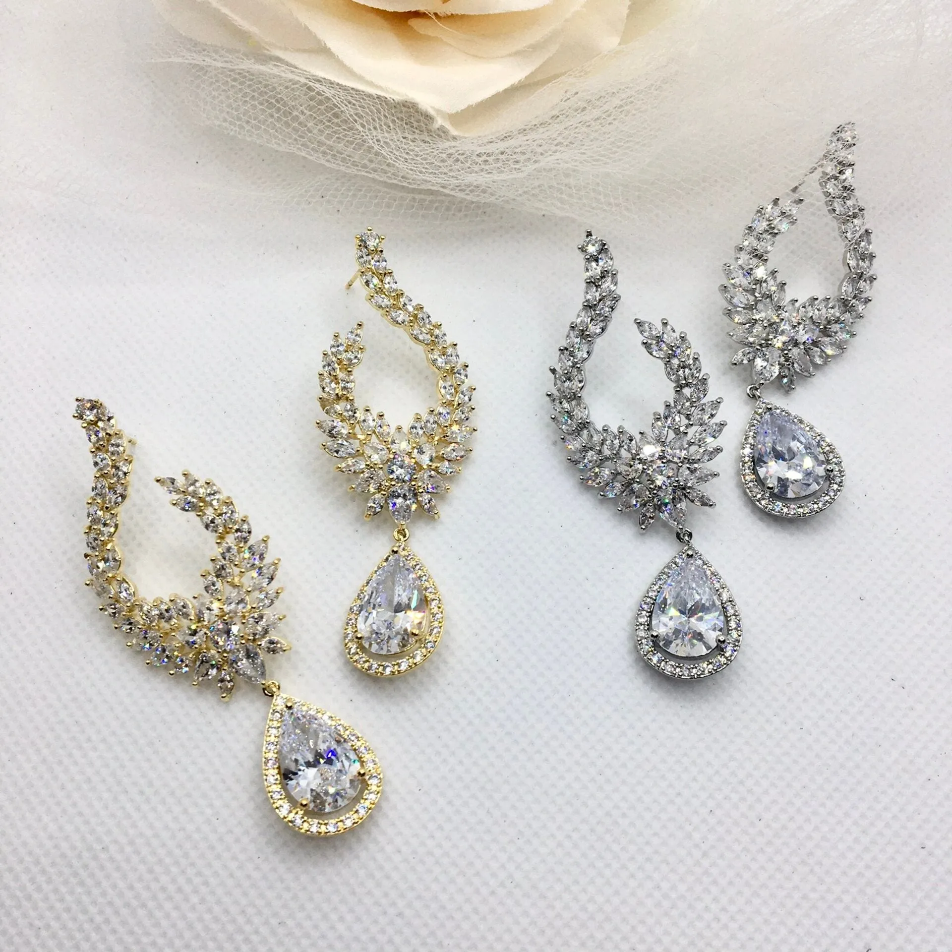 "Glenda" - Cubic Zirconia Bridal Earrings - Available in Silver and Gold