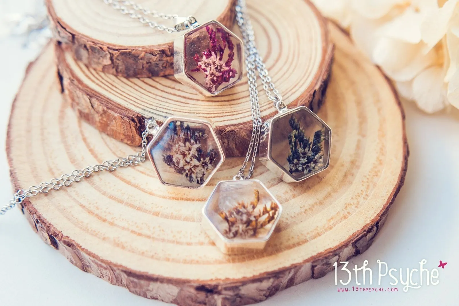 Real dried flower hexagon pendant necklace