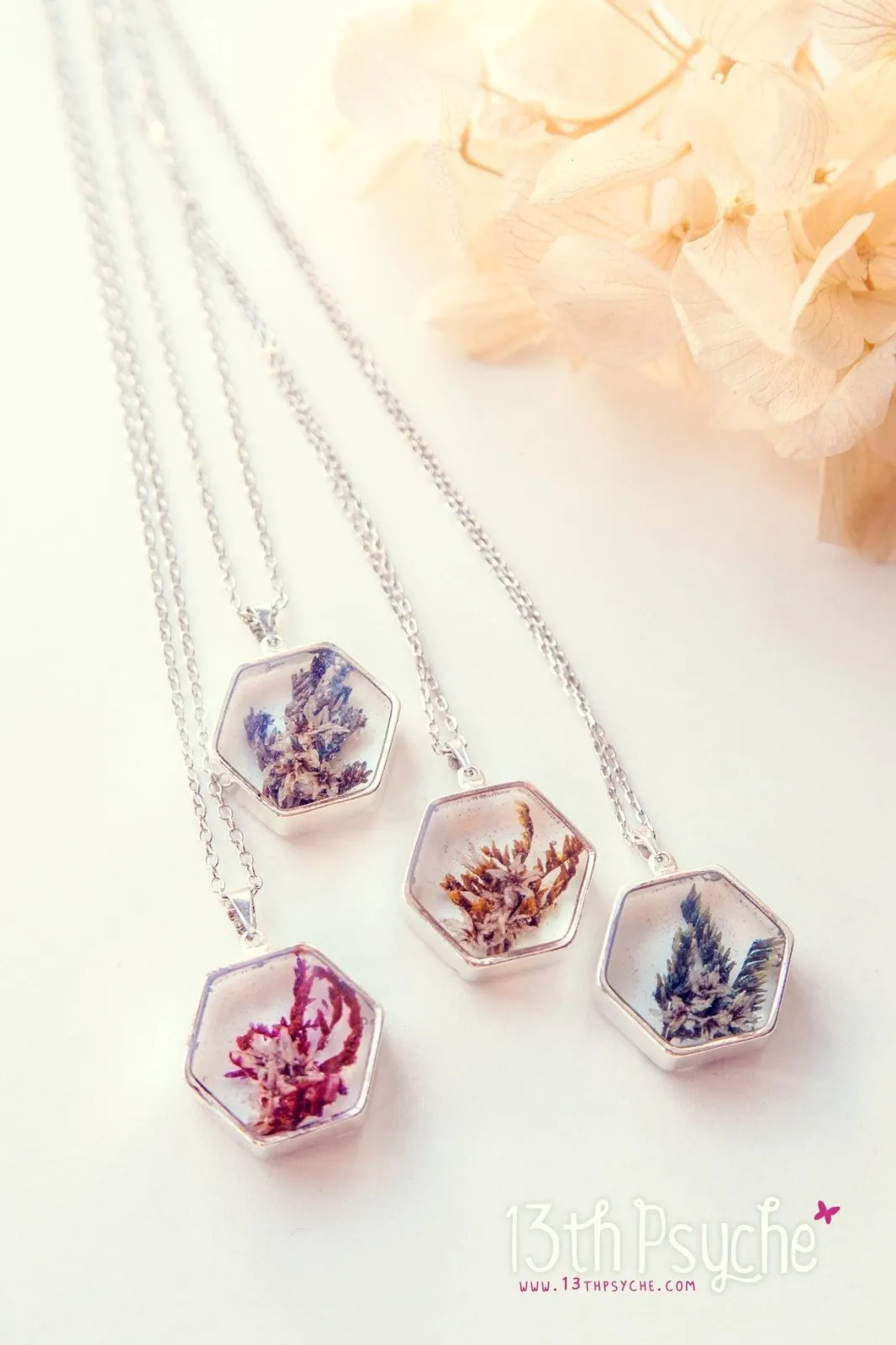 Real dried flower hexagon pendant necklace