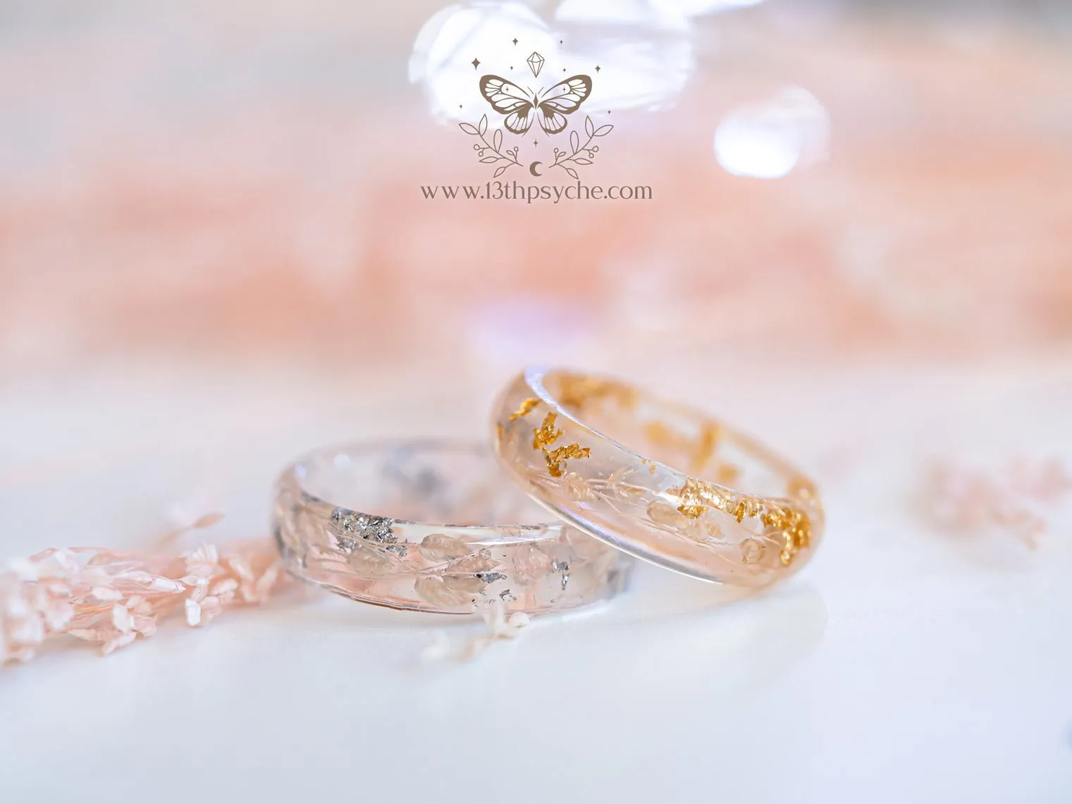 Real light pink leaves resin ring with metal flakes