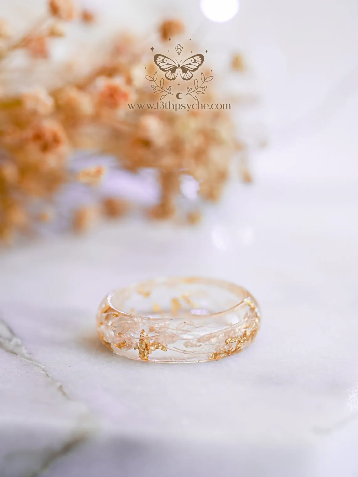 Real light pink leaves resin ring with metal flakes