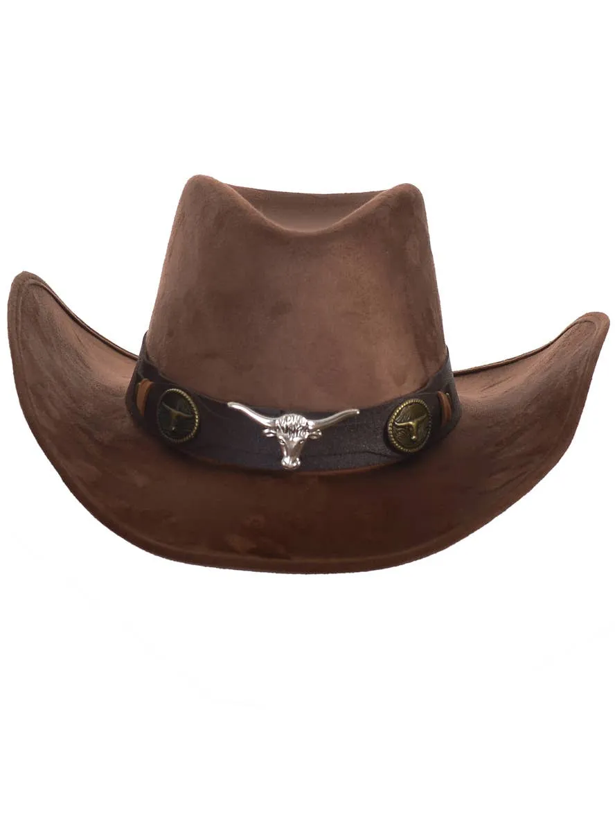 Rodeo Brown Faux Suede Cowboy Hat with Bull Embellishments