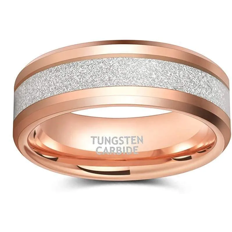 ROME Tungsten Rose Gold Inlay Wedding Band Sandstone Meteorite Ring - 8mm