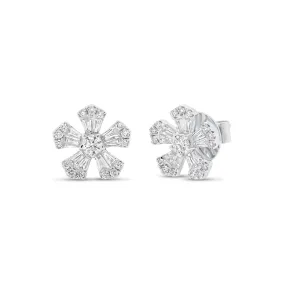 Round & Baguette Diamond Large Flower Stud Earrings