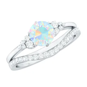 Round Ethiopian Opal and Diamond Bridal Ring Set